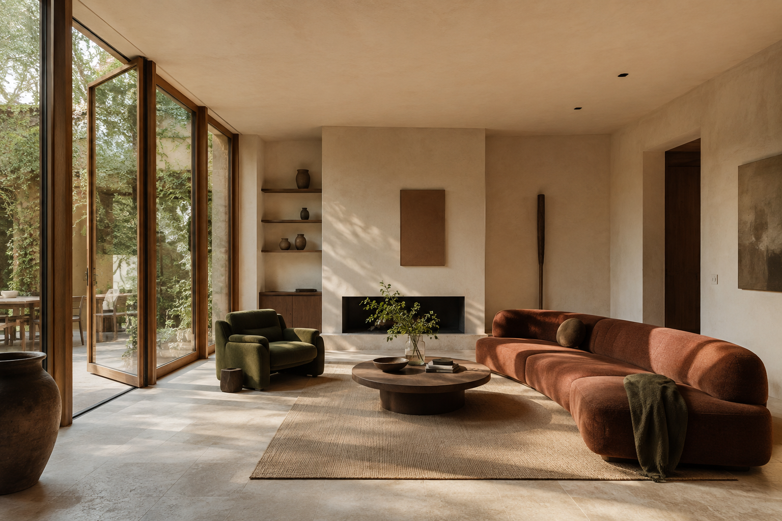 A sunlit living-room concept with oak windows, a rust sofa and a green armchair
